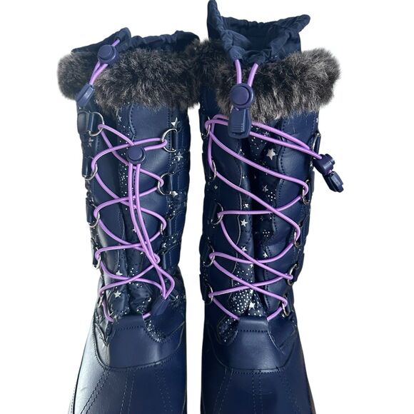 Lands End Youth Girls Sz 6 M Navy Purple Lace Trim Stars Rain Snow Winter Boots - Picture 5 of 9